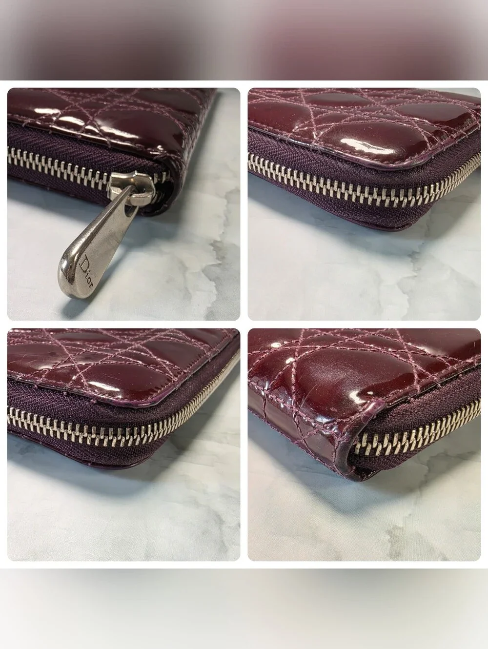 Christian Dior Cannage Patent Leather Zip Around Wallet Burgundy | COA